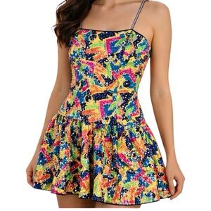 Lillie Rubin Art Deco Abstract Sequin Party Dress Black Multicolor Size 2